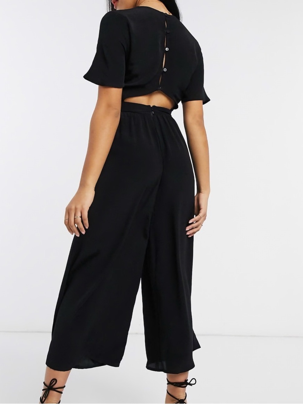 ASOS DESIGN tea jumpsuit Size 14 button back detail Black Wide Leg Cutout Back